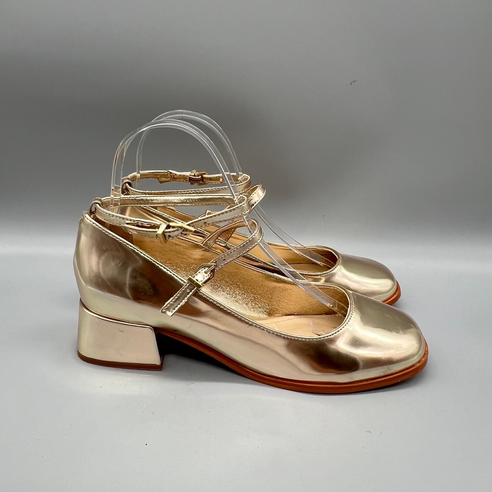 Schutz Shoes Womens 7 Gold Metallic Dorothy Mary Jane Ankle Strap Heels Pumps